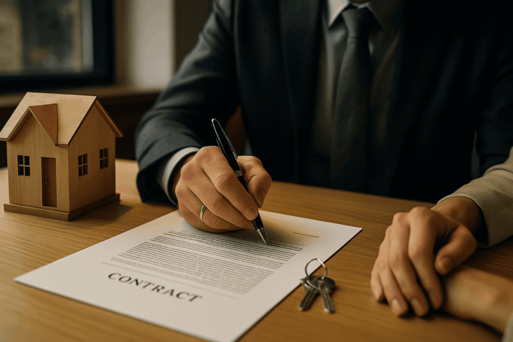 Hombre firmando un contrato de compraventa de vivienda en una mesa con llaves y maqueta de casa, representando los gastos de gestoría en España.