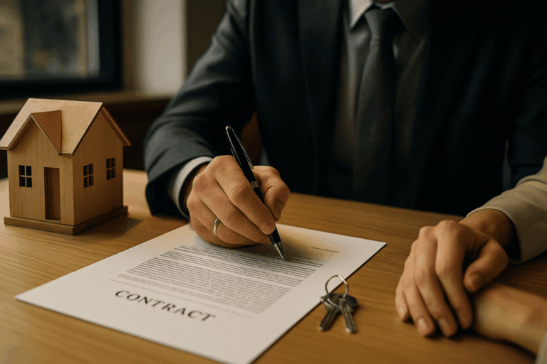 Hombre firmando un contrato de compraventa de vivienda en una mesa con llaves y maqueta de casa, representando los gastos de gestoría en España.